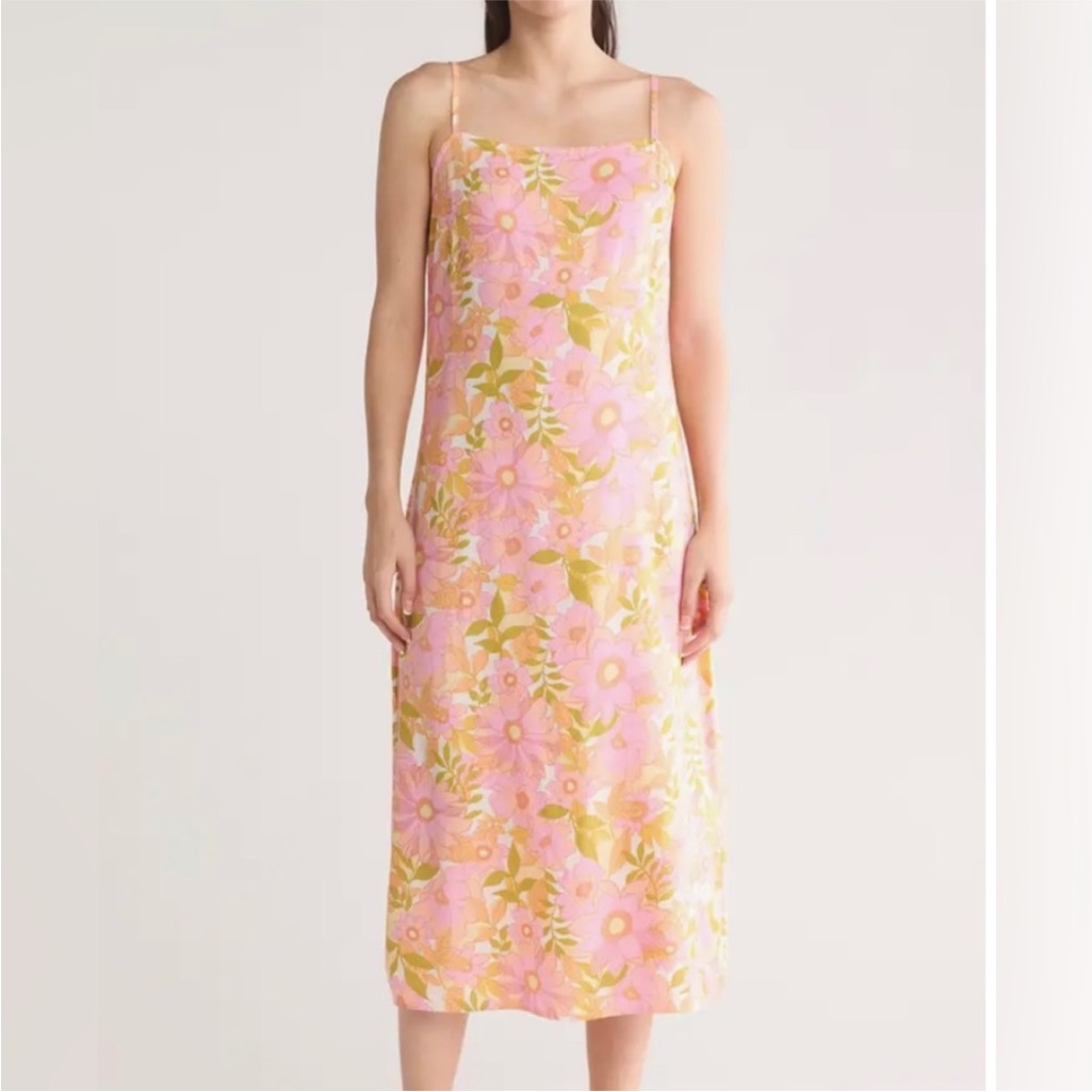 Nwt! Billabong Golden Hour Floral Maxi Midi Dress Pink Green Groovy Hawaiian